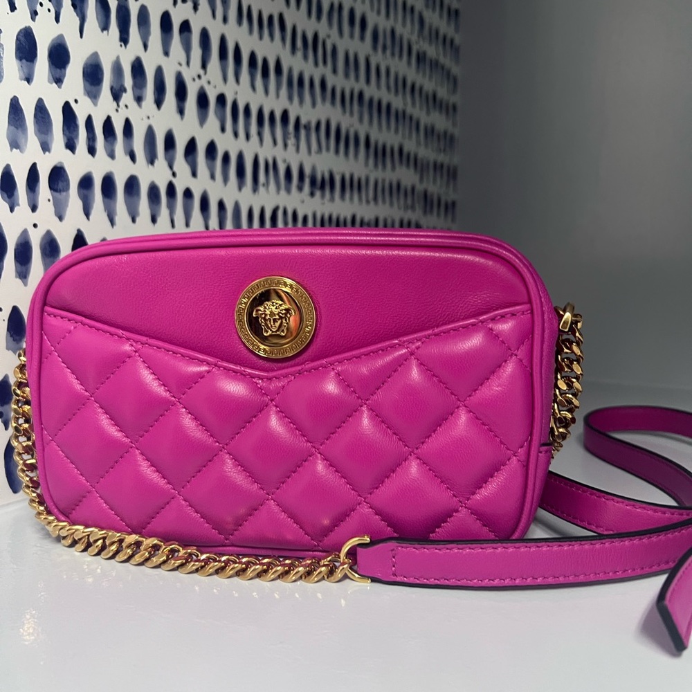 Versace Quilted La Medusa Pink Calf Leather Shoulder Bag w/Gold Chain